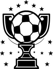 black and white soccer ball champion winning trophy medal with some star