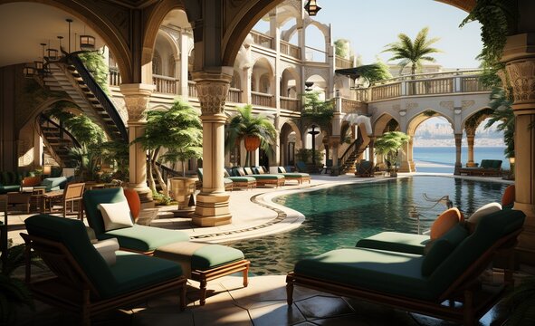 a large lounge area with lounge chairs and tables by the water, in the style of realistic and hyper-detailed renderings, dark beige and turquoise, engineering/construction and design, intricate ceilin