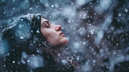 In the midst of falling snow, a woman stands alone, her face visible, capturing a romantic, lonely, and dramatic moment in this captivating photo.