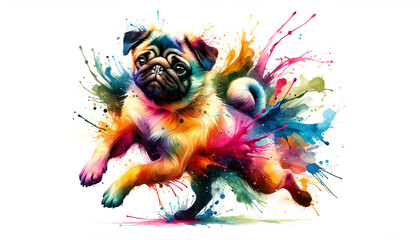 Fototapeta premium A pug in a dynamic burst of colorful watercolor splashes, depicting playful energy and whimsy. AI-generated.