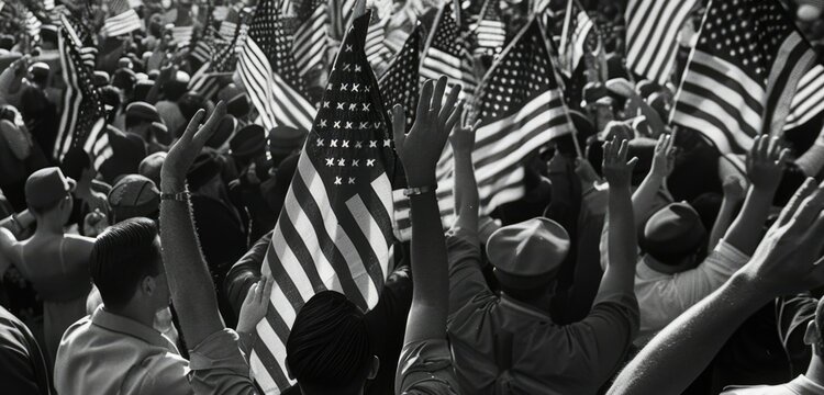 A monochrome image of a crowd saluting with American flags, capturing a moment of patriotic reverence and collective honor.