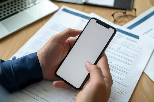 Desk with business documents and hands holding phone mockup