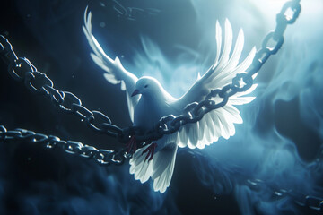 Create a serene and symbolic scene featuring a white dove breaking free from chains in a unique 3D animated art style - obrazy, fototapety, plakaty