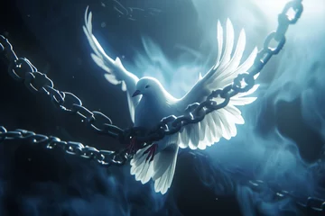 Foto op Plexiglas Create a serene and symbolic scene featuring a white dove breaking free from chains in a unique 3D animated art style © Bordinthorn