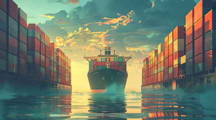 Create a stunning illustration of a cargo ship surrounded by containers showcasing the intricacies of shipping logistics