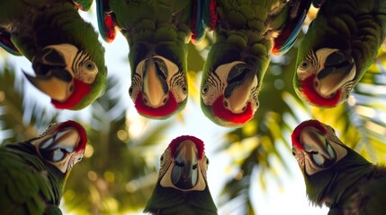 A group of parrots sitting on top of each other