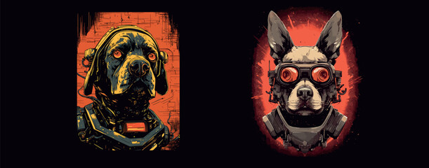 Futuristic Canine Companions: Detailed Vector Illustration of a Rottweiler and a Chihuahua in Armor, Perfect for Gaming, Comics, and Art