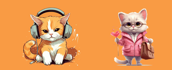 Whimsical Illustrated Cats: A Music-Loving Feline with Headphones and a Magical Business Cat with a Briefcase