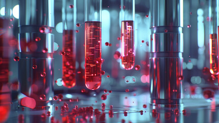 D animated depiction of a futuristic laboratory with glowing test tubes and floating blood samples