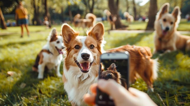 A person taking a picture of a group of dogs
