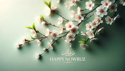 Fotobehang Nowruz greeting card background with a branch of a blossoming cherry tree. © Milano
