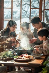 A family gathered around a steaming hotpot, each member contributing a unique ingredient, symbolizing unity.