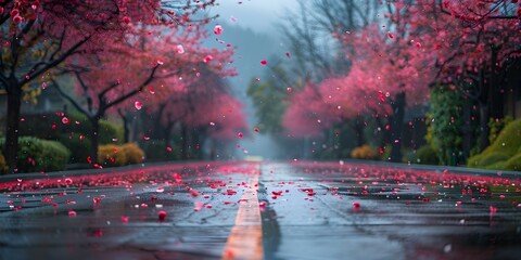 Blooming trees line a wet street with vibrant pink petals in rain. Concept Springtime Beauty, Rainy Day Vibes, Sakura Blossoms, Nature in the City