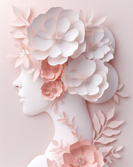Elegant paper style, woman profile with intricate flowers