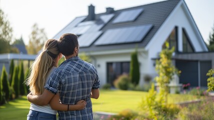 Couple embracing in front of their modern eco-friendly house with solar panels, symbolizing sustainability and love for a shared home. - obrazy, fototapety, plakaty