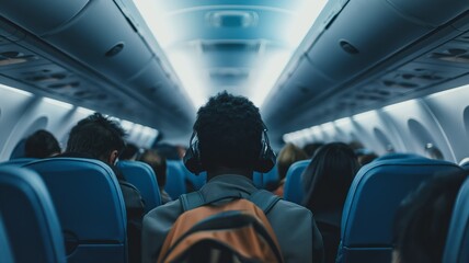 A passenger wearing headphones sits in an airplane cabin filled with blue tones and dim lighting, suggesting travel or tourism themes. - obrazy, fototapety, plakaty