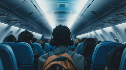 Fotobehang A passenger wearing headphones sits in an airplane cabin filled with blue tones and dim lighting, suggesting travel or tourism themes. © iSomboon