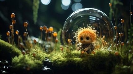 a little alien sitting in a bubble with bubbles on grass, in the style of intricate underwater worlds, animated gifs, photo-realistic, futurist, nature, solarpunk