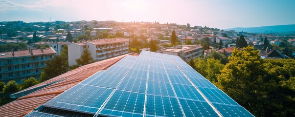 Solar panels on urban rooftops under a clear blue sky represent renewable energy and sustainability practices within a city.