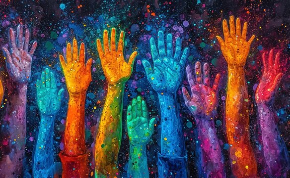 Beautiful artistic background with many humans hands raise up. Togetherness, happiness, celebrations idea