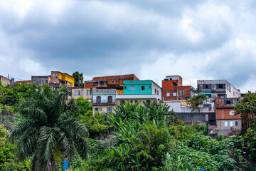 Shacks in a favela in the middle of the Atlantic Forest. Fragile buildings on the outskirts of São...