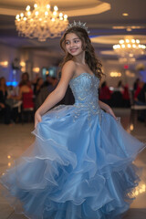 Elegant teen girl enjoying a waltz with her court of honor at her quinceanera.