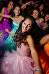 Group of teens having fun on the dance floor at a quinceanera celebration.