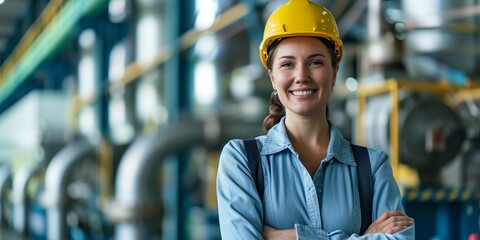 A smiling woman in a yellow safety helmet and blue shirt stands confidently at an industrial plant, symbolizing workplace safety and employment equality. - obrazy, fototapety, plakaty