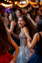 Group of teens having fun on the dance floor at a quinceanera celebration.