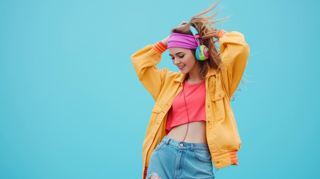 Vibrant image of a joyful woman with headphones dancing, showcasing a carefree and energetic lifestyle suitable for campaigns related to youth, music, and summer events.
