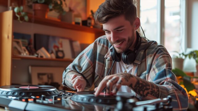 A smiling DJ with tattoos tweaks controls on a mixing console in a room bathed in warm, orange light, evoking an energetic atmosphere suitable for music events or celebrations.