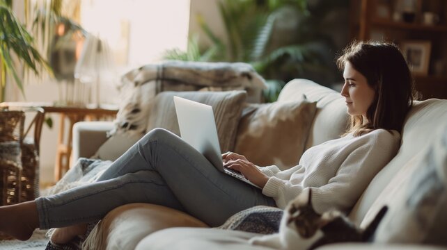 A woman reclines peacefully on a sofa with a laptop, a cat beside her; cozy home setting ideal for depicting remote work or relaxation themes.