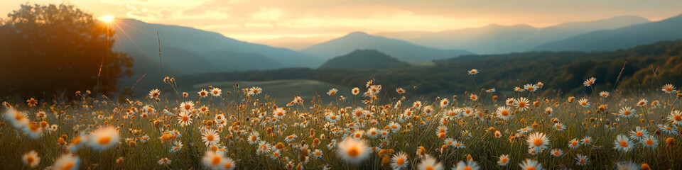 meadow with daisies in mountain valley - obrazy, fototapety, plakaty