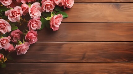 Floral composition on wooden table, cozy and warm office concept