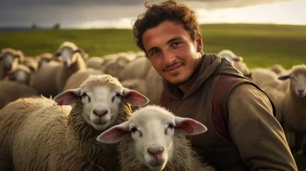 Fotobehang Joyful shepherd with sparkling eyes and joyful smile lambs frolicking © javier