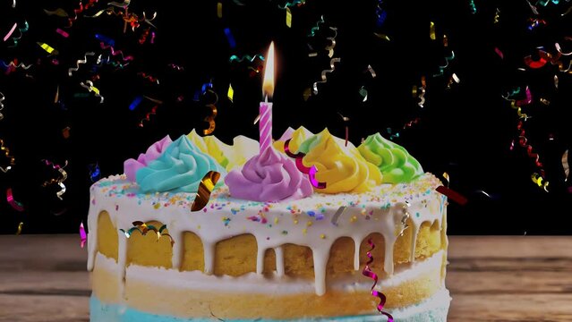 A delicious birthday cake and a animated burning candle on it. Colorful metallic confetti falling in the background. Alpha channel PNG codec overlay (only original 4K version) transparent background. 