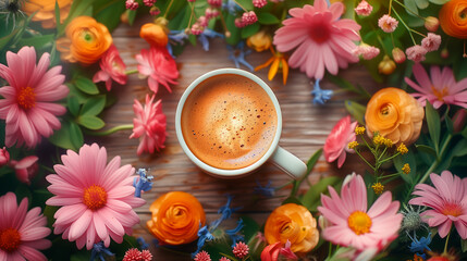 Top view of a cup of coffee on a wooden table among colorful flowers, flat lay
