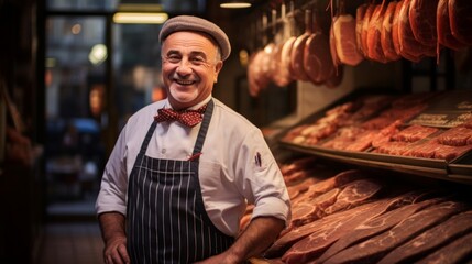 Accomplished butcher sausages display proud satisfied smile - obrazy, fototapety, plakaty