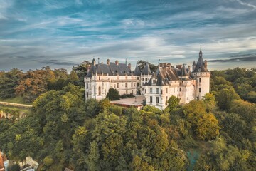 A breathtaking aerial view showcases a magnificent castle nestled amidst a dense forest, surrounded by a sea of verdant trees creating a picturesque scene of tranquility and grandeur.