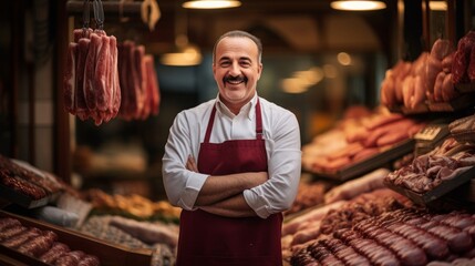 Butcher presents sausages pride in artistry array of prepared meats