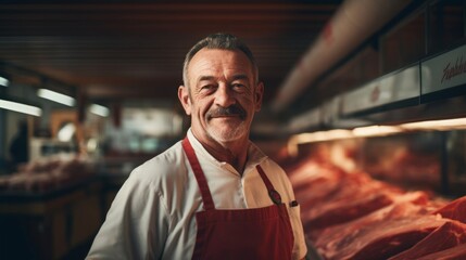 Prideful butcher with fresh cut focused satisfaction premium cut display