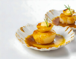 Scallops baked in butter on a plate and ready to serve.