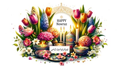 Illustration in watercolor style for nowruz with flowers and candles. - obrazy, fototapety, plakaty