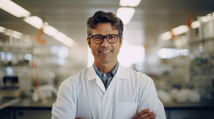 Fototapeta premium Biologist's pride in discovery fulfilled smile background hinting at lab equipment