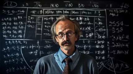 Fotobehang Focused mathematician chalkboard equations well-organized intellectually stimulating © javier
