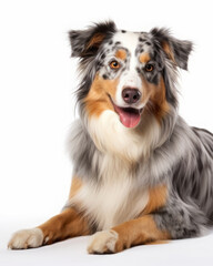 Fototapeta premium an adult dog of the Aussie breed, an Australian Shepherd. a smiling pet, an animal. white background.