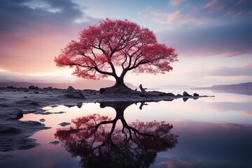 a lone tree on the water. hd wallpaper, in the style of light magenta and dark azure, romantic atmosphere, capturing moments, captivating documentary photos - obrazy, fototapety, plakaty