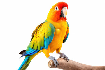 Colorful Feathered Delight: Lovely Parrot with Yellow, Blue, and Green Plumage, Perched on a White Background