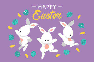Happy Easter Greeting card. Easter Bunny surrounded by decorative Easter egg illustration on purple background - vector illustration