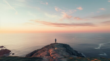 Silhouetted philosopher overlooking ocean standing on cliff during peaceful sunset